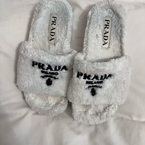 Prada Cream Fuzzy Logo Slides
